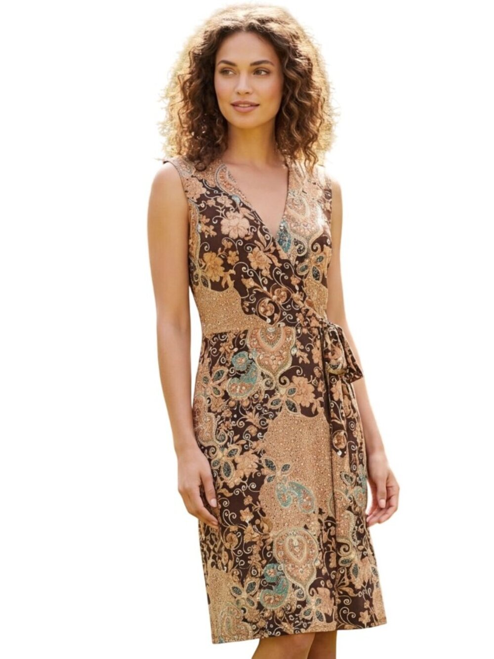 Merona Floral Wrap Dress Med Tan Brown Floral Flowy V Neck Sleeveless Midi